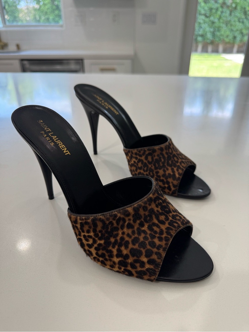 Saint Laurent Leopard Print Open-Toe Mule Heels - Black & Brown